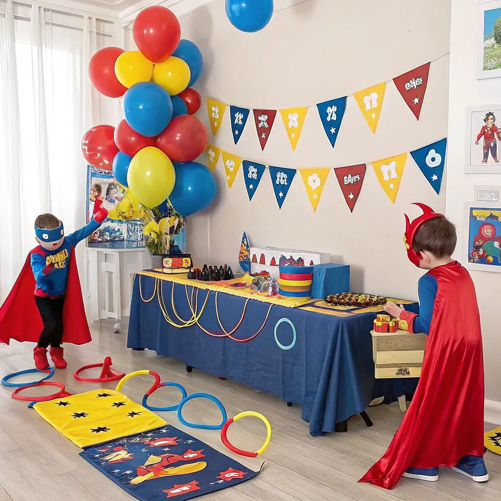 Superhero themed party setup for kids